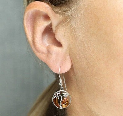 Cognac Amber Cat Moon and Star Pendant and Earrings Solid Sterling Silver 925