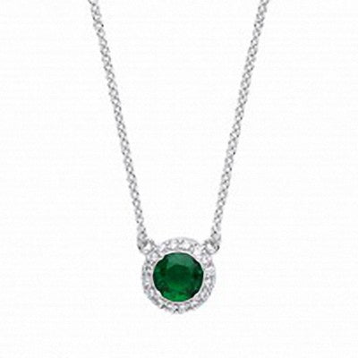 Sterling Silver Necklace With Sparkling Emerald Round With CZ Pendant & Chain