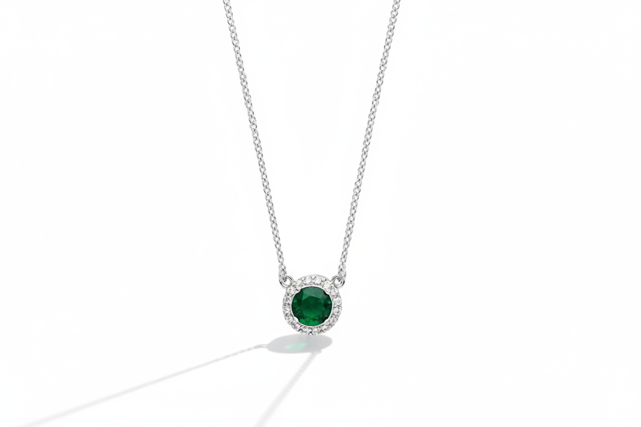 Sterling Silver Necklace With Sparkling Emerald Round With CZ Pendant & Chain