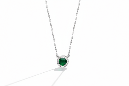 Sterling Silver Necklace With Sparkling Emerald Round With CZ Pendant & Chain