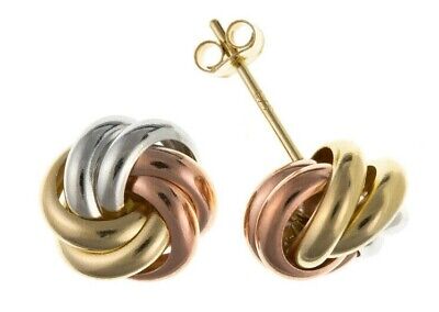 Three Colour Gold Knot Stud Earrings Solid Yellow Rose and White Gold 8mm Studs