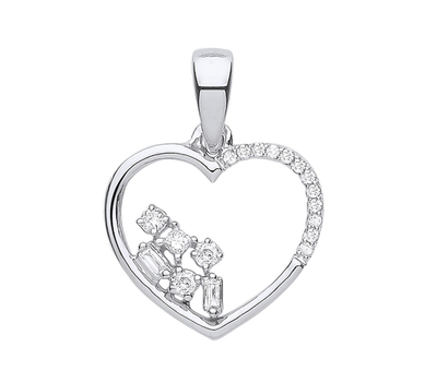 Real Diamond Heart Pendant 9ct White Gold 18" Chain Baguette Princess Round