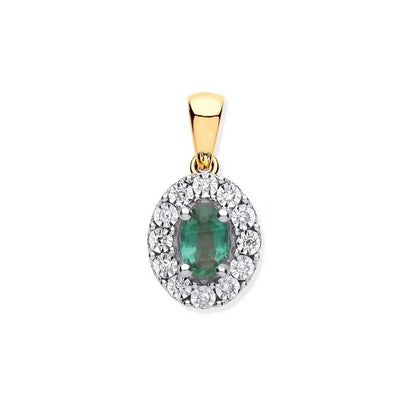 Elegant Oval Emerald & Diamond Halo Pendant 9ct Yellow Gold 18" Chain