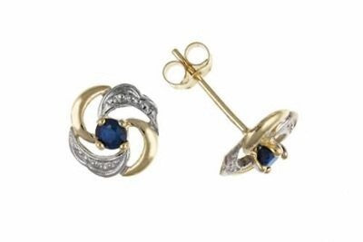 Elegant Sapphire Pendant Necklace and Stud Earrings Set in Two-Tone Solid Gold