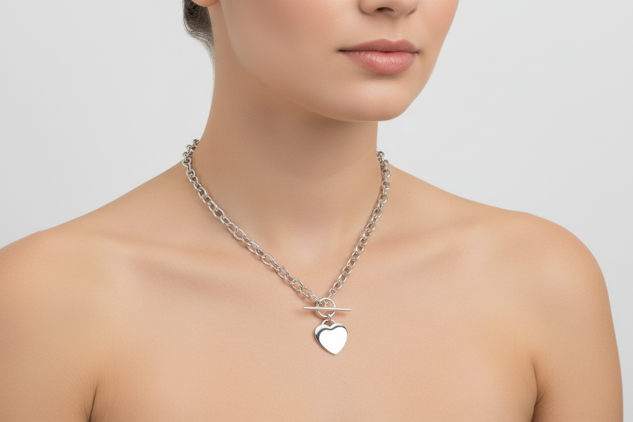Silver T Bar Heart Necklace Solid Sterling Silver Ladies 17 " 19.6 grams