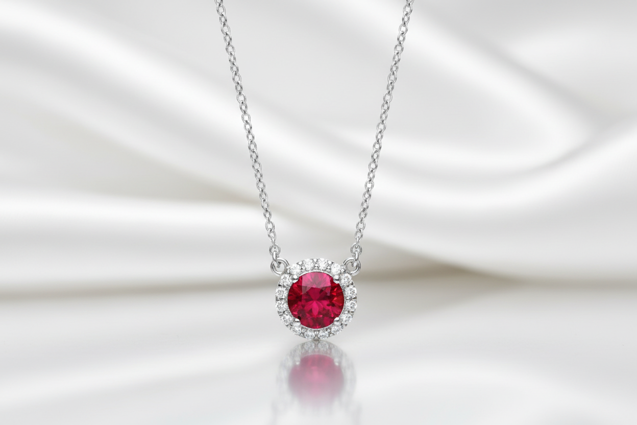 Ruby Round Silver Necklace Sparkling Gemset Pendant 925 Hallmark