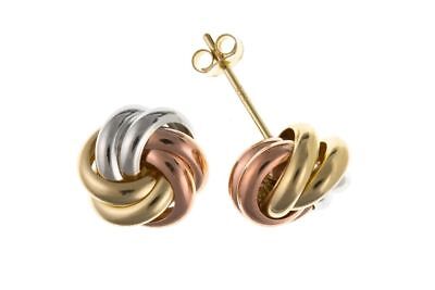 Three Colour Gold Knot Stud Earrings Solid Yellow Rose and White Gold 8mm Studs