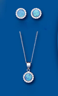 Blue Opal Pendant and Earrings Set Solid Sterling Silver Cluster