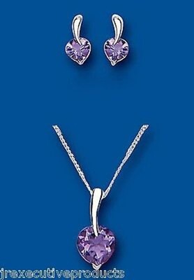 Real Amethyst Heart Pendant and Earrings Matching Set Solid Sterling Silver 925