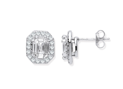 Real Diamond Octagon Earrings 18ct White Gold Baguette & Emerald Cut 1.40ctw