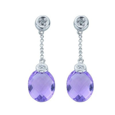 White Gold Amethyst Drop Earrings Diamond Accent Dangle Oval Gemstone Jewelry