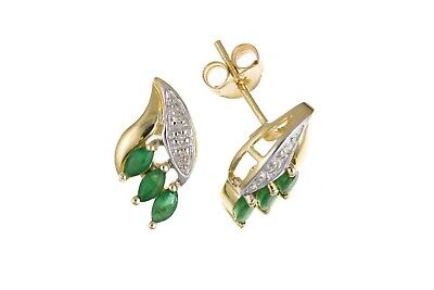 Emerald and Diamond Earrings Yellow Gold Marquise Stud Solid Hallmarked