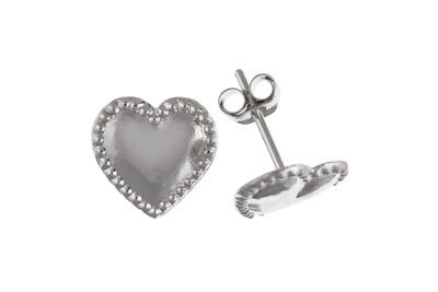 White Gold Heart Stud Earrings Beaded Edge 9 Carat Studs British Made