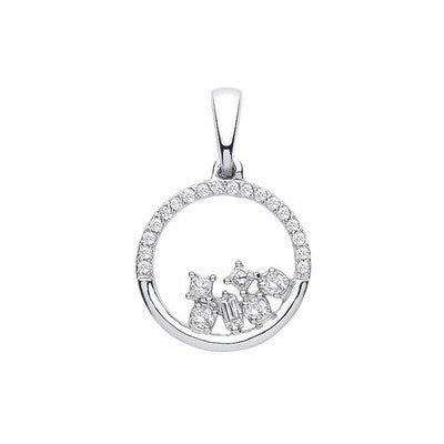 Open Circle Diamond Pendant 9ct White Gold 18" Round Princess & Baguette Diamond