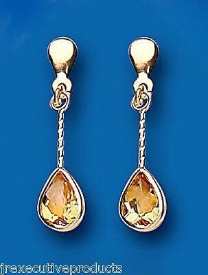9ct Yellow Gold Citrine Drop Earrings Stick Drops Hallmarked November Birthstone