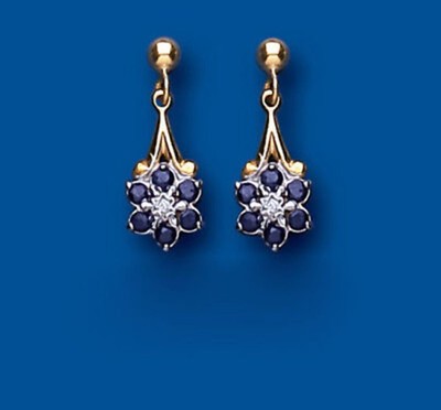 9ct Gold Sapphire & Diamond Cluster Drop Dangle Earrings Vintage Floral Stud