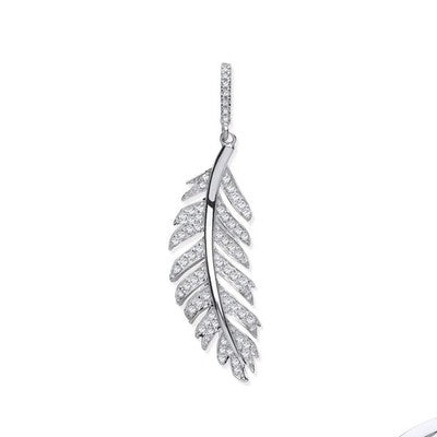 Real Diamond Feather Pendant Necklace 9ct White Gold 18" Chain 0.30ctw Diamonds