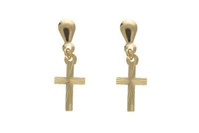 Diamond Cut Cross Drop Earrings 9ct Yellow Gold Drops Dangly Religious Hallmark