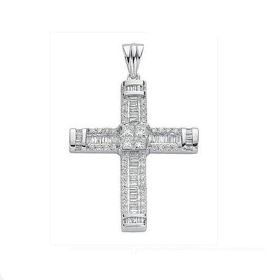 Real Diamond Cross Pendant 18ct White Gold 18" Chain Baguette Princess Round Cut