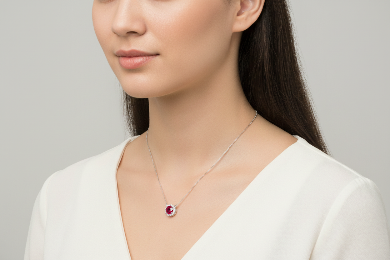 Ruby Round Silver Necklace Sparkling Gemset Pendant 925 Hallmark