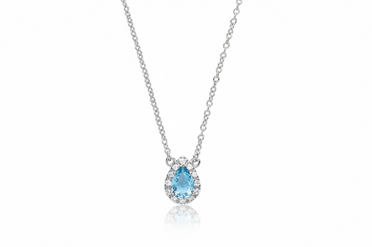 Sterling Silver Necklace With Sparkling Aquamarine Pear With CZ Pendant & Chain