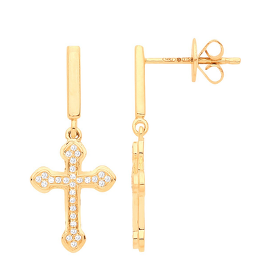 Yellow Gold Diamond Cross Drop Dangle Stud Earrings Religious Christian Gift