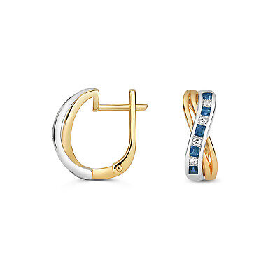 Sapphire and Diamond Hoop Huggie Earrings 9ct Yellow Gold 17mm Hoops