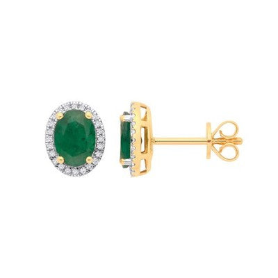 Emerald and Diamond Earrings 18ct Yellow Gold Oval Studs Real Emeralds Diamonds