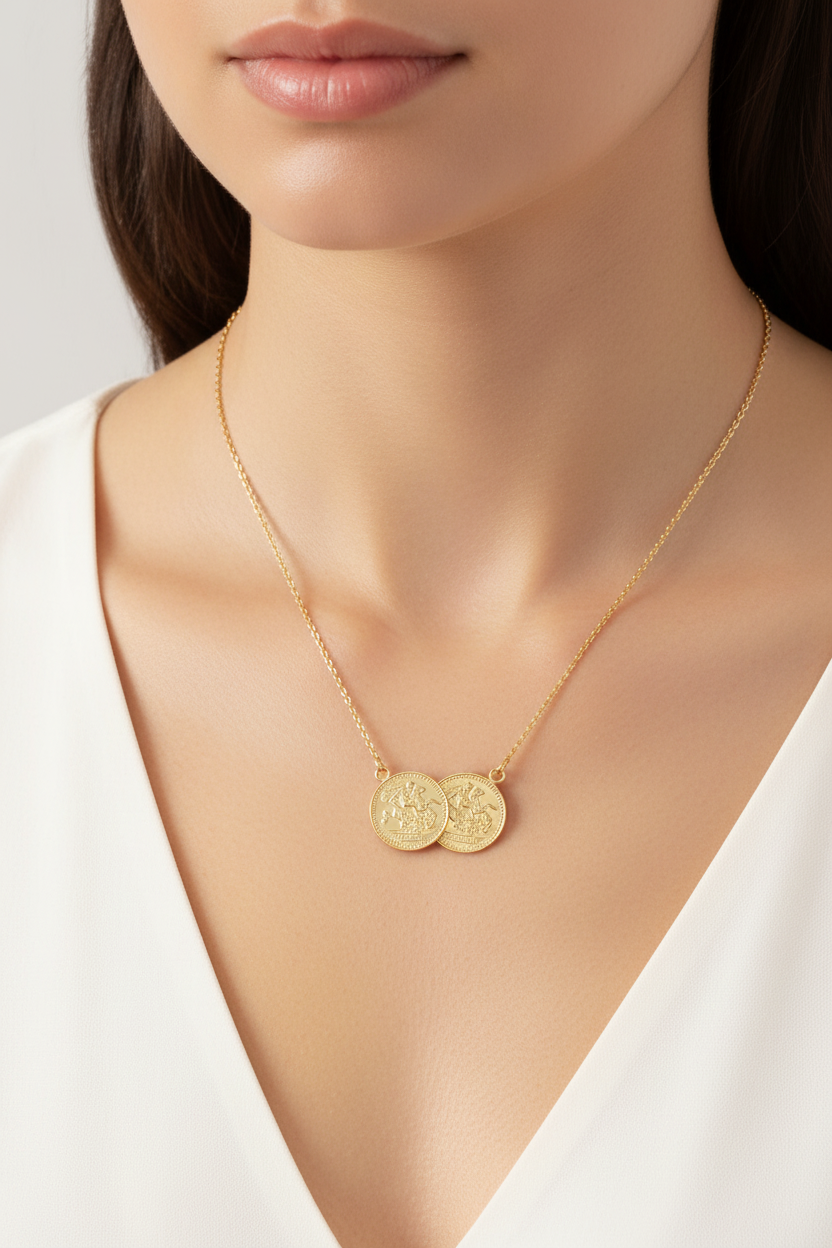 Half Sovereign Necklace Solid Sterling Silver Yellow Gold Plated Pendant 17 "