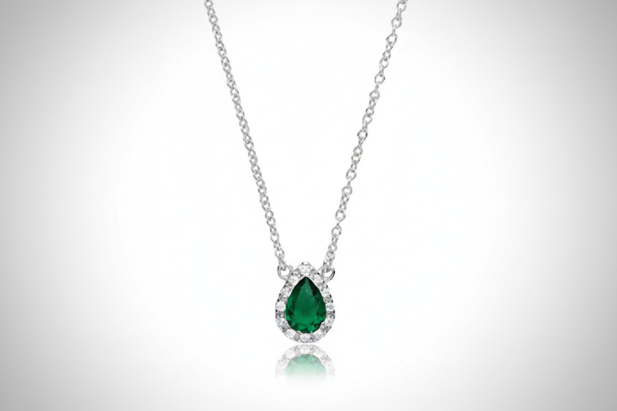 Sterling Silver Necklace With Sparkling Emerald Pear With CZ Pendant & Chain