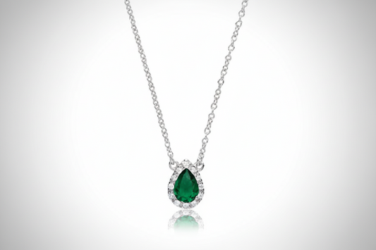 Sterling Silver Necklace With Sparkling Emerald Pear With CZ Pendant & Chain
