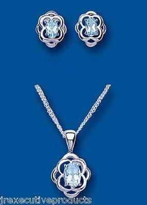 Real Blue Topaz Matching Set Celtic Design Sterling Silver Pendant and Earrings