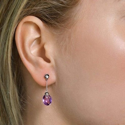 White Gold Amethyst Drop Earrings Diamond Accent Dangle Oval Gemstone Jewelry