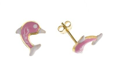 9ct Dolphin Stud Earrings Yellow Gold Pink Enamel Studs British Made