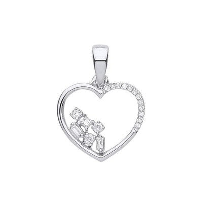 Real Diamond Heart Pendant 9ct White Gold 18" Chain Baguette Princess Round