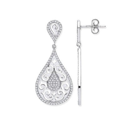 White Gold Diamond Open Filigree Teardrop Dangle Drop Stud Earrings