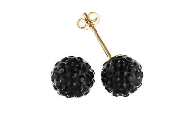 9ct Gold Black Crystal Ball Stud Earrings Yellow Gold 7mm Studs Hallmarked