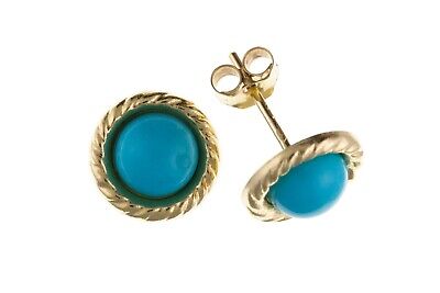 Real Turquoise Solitaire Stud Earrings 9ct Yellow Gold Round Studs