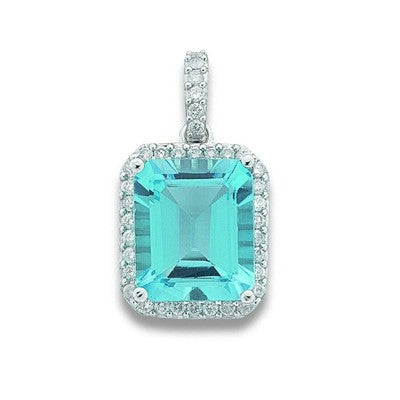 Emerald-Cut Blue Topaz Pendant with Sparkling Diamond Halo 9ct White Gold 18"