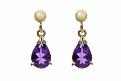 Real Amethyst Teardrop Pendant & Earring Set in Solid Yellow Gold 18" Chain