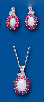 Ruby and Opal Pendant and Earrings Set With Diamond Solid Sterling Silver