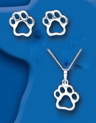 Paw Print Matching Set Pendant and Earrings Solid Sterling Silver 925 18" Chain