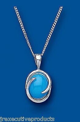 Sterling Silver Turquoise Pendant Oval Solitaire 18" Chain 925 Hallmark British