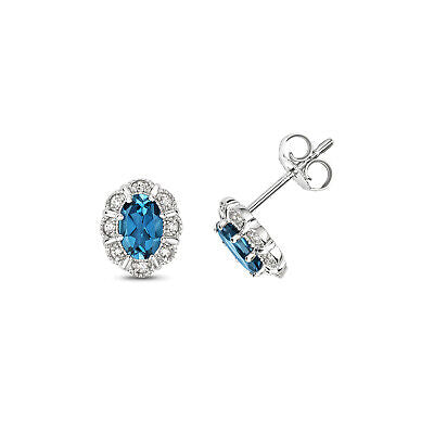 London Blue Topaz & Diamond Oval Stud Earrings 9ct White Gold Studs