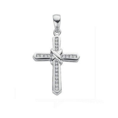 Diamond Ribbon Knot Cross Pendant White Gold 18" Chain