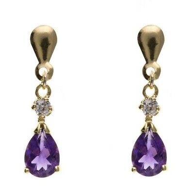 Amethyst and Diamond Earrings Yellow Gold Drop Drops Butterfly Back Hallmarked