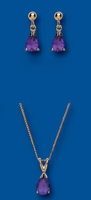 Real Amethyst Teardrop Pendant & Earring Set in Solid Yellow Gold 18" Chain