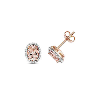 9ct Rose Gold Morganite and Diamond Earrings Oval Stud