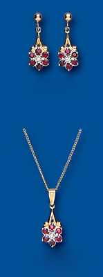Ruby and Diamond Pendant and Earring Set Drop Earrings Yellow Gold