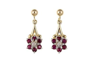 Ruby and Diamond Earrings Yellow Gold Drop Drops Cluster Hallmarked Real Stones